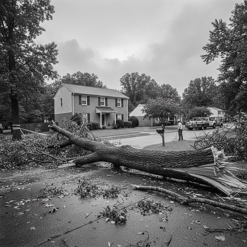 Storm-damaged tree limb across a driveway in a Mooresville NC neighborhood